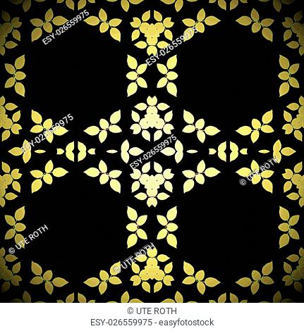 Geometric seamless background. Dark regular hexagon pattern with abstract leaves in beige, yellow and golden shades on black, shiny and dreamy