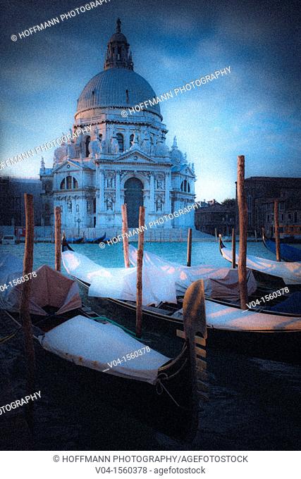 Mystical view of Santa Maria della Salute withe gondolas in the foreground, Venice, Italy, Europe