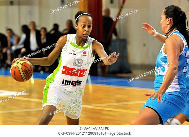 Farhiya Abdi left, CZE and Liene Jansone TUR during women basketball Euroleague match BK IMOS Brno vs Tarsus in Brno, Czech Republic, November 28