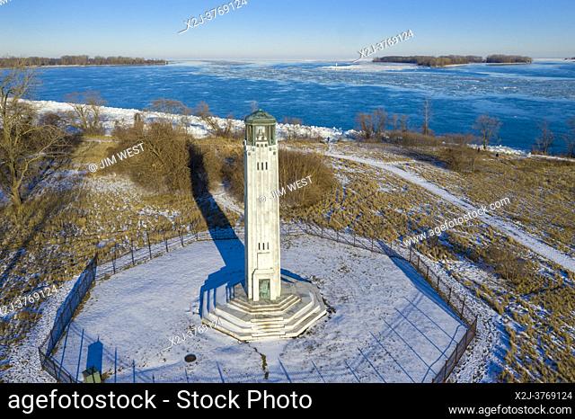 Detroit, Michigan - The Livingstone Memorial Lighthouse at the upriver end of Belle Isle. The lighhouse guides ship traffic entering the Detroit River from Lake...