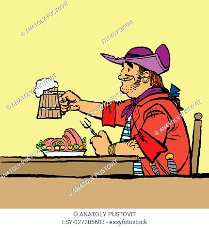 Brave pirate is eating in the tavern. Cartoon hand drawing illustration. Beer and meat