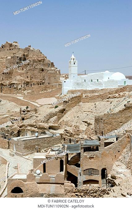 Tunisia - Chenini - The mosque and the village - being restored - and on top of it the ksar