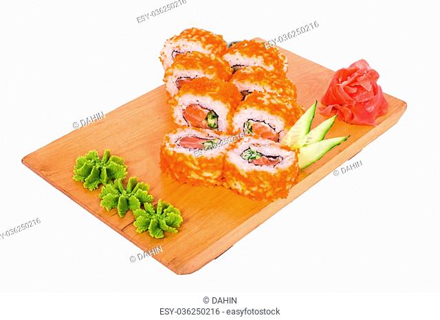 6 delicious sushi with red caviar and wasabi on a wooden tray
