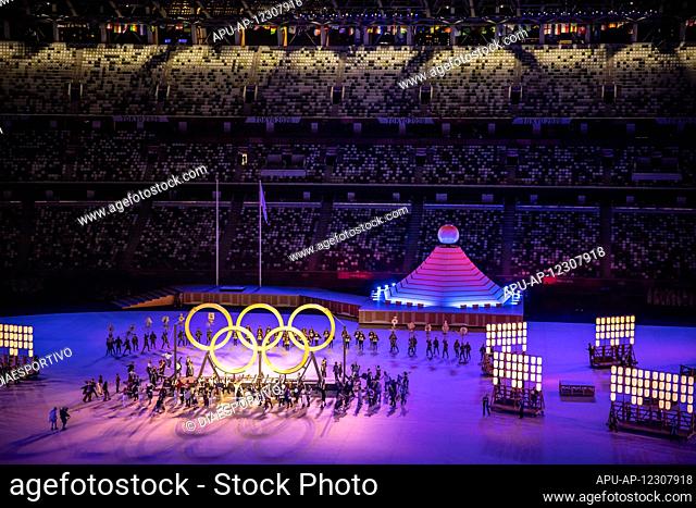 2021 The Tokyo 2020 Olympic Games Opening Ceremony Jul 23rd. 23rd July 2021; Olympic National Stadium, Tokyo, Japan; Fireworks and flashing lights soared above...