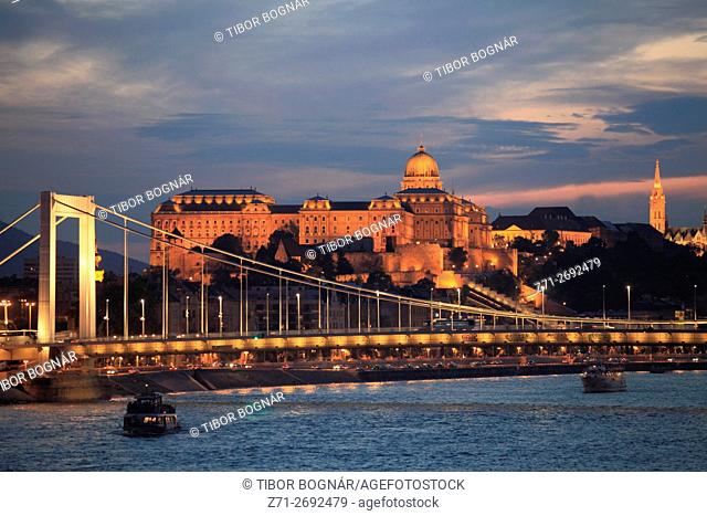 Hungary, Budapest, Danube River, Elisabeth Bridge, Royal Palace, ships,