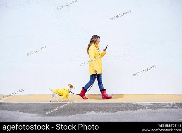Young woman using mobile phone walking with dog on footpath