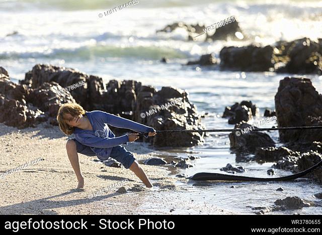 Boy playing on a rocky beach, holding a long kelp seaweed strand