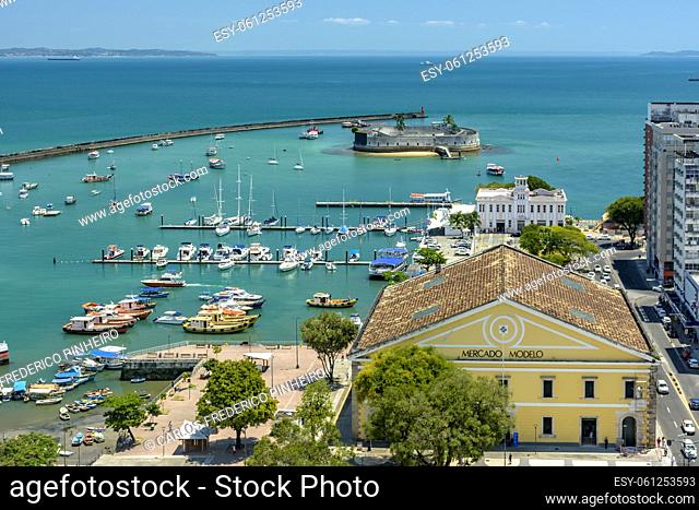 Mercado Modelo and old historic fortress at Todos os Santos bay in Salvador city, Bahia on a sunny day