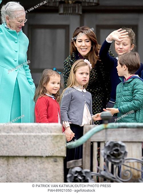 Queen Margrethe, Crown Princess Mary, Princess Isabella, Princess Josephine, Prince Henrik and Princess Athena of Denmark attend the 77th birthday celebrations...