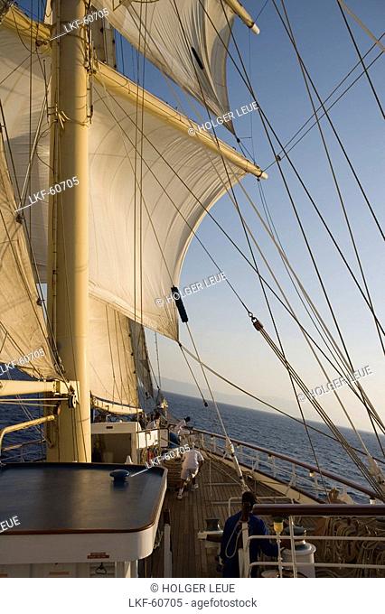 Star Flyer under full sail and tilted waterline, Star Clippers Star Flyer Sailing Ship, Aegean Sea