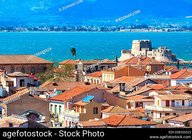 Old town aerial panorama with Bourtzi fortress in the sea in Nafplio or Nafplion, Greece, Peloponnese