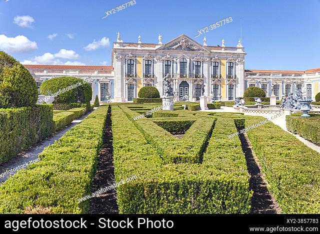 Queluz Palace, Sintra Municipality, Portugal. The Cermonial Facade. Construction of the palace began in 1747 under the supervision of Portuguese architect...
