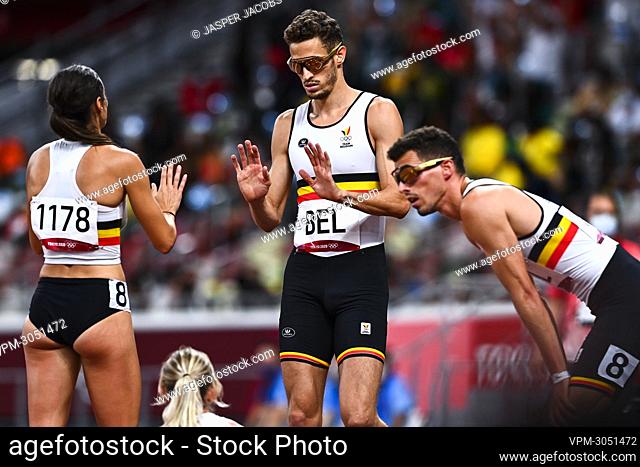 Belgian Camille Laus, Belgian Imke Vervaet, Belgian Dylan Borlee and Belgian Kevin Borlee pictured after the final of the 4x400m mixed relay race on the ninth...