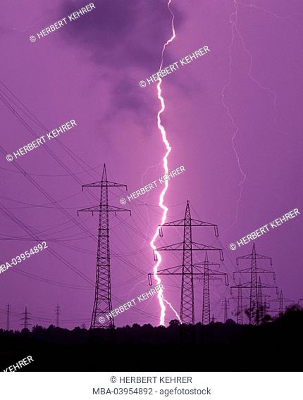Power lines, pylons, thunderstorms, lightning
