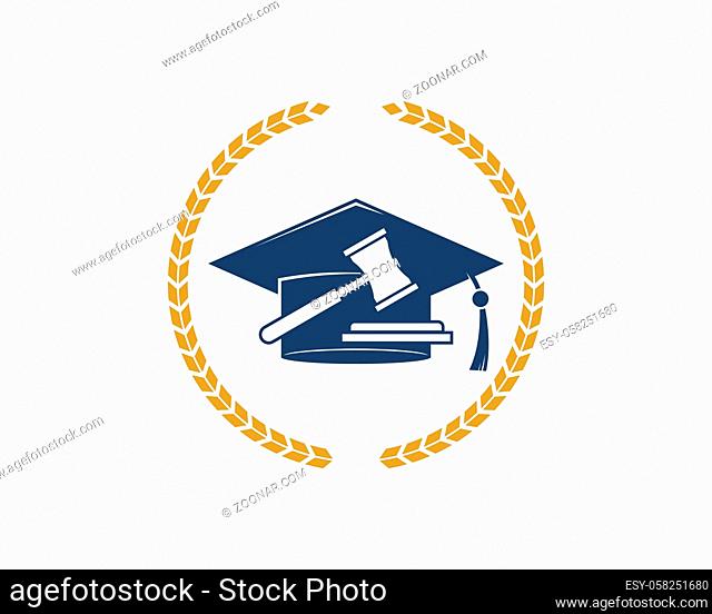 Circular wheat with graduation hat and law hammer inside