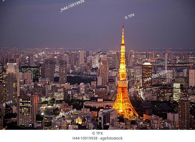 Asia, Japan, Tokyo, Roppongi, Tokyo Tower, City, Skyline, View, Tower, Aerial, Night, View, Illumination, Evening, Dusk, Tourism, Holiday, Vacation, Travel