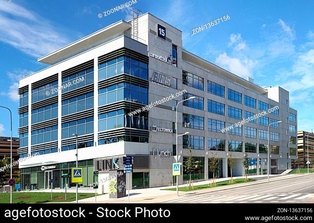 VILNIUS, LITHUANIA - JULY 06, 2018: Modern office building of the Baltic News Service agency on Pienines (Milk) streen in the center of the Lithuanian capital