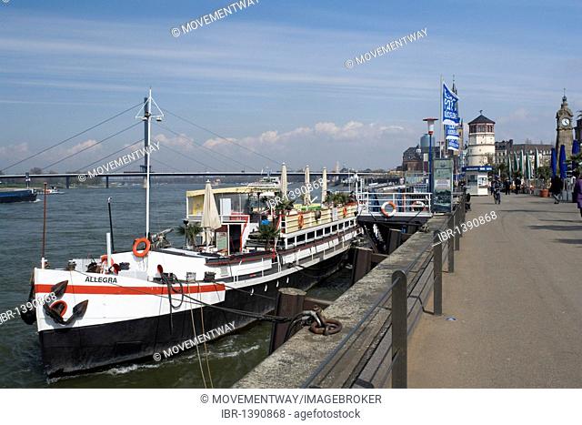 Restaurant boat at the Rheinuferpromenade, River Rhine Promenade, Duesseldorf, state capital of North Rhine-Westphalia, Germany, Europe