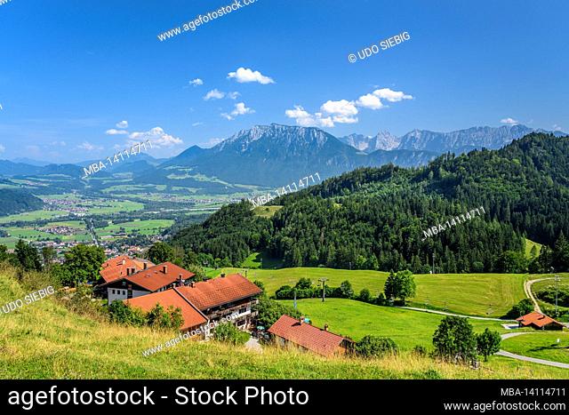 germany, bavaria, upper bavaria, district of rosenheim, oberaudorf, district of hocheck, view from the lookout point gletscherblick over berggasthof hocheck and...