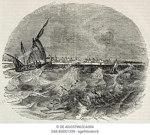 A boat in front of Cadiz, Spain, illustration from Teatro universale, Raccolta enciclopedica e scenografica, No 284, December 14, 1839