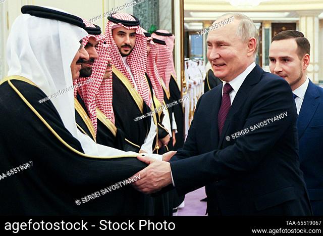 SAUDI ARABIA, RIYADH - DECEMBER 6, 2023: Russia's President Vladimir Putin (2nd R) shakes hands with attendees before a meeting with Saudi Arabia's Crown Prince...
