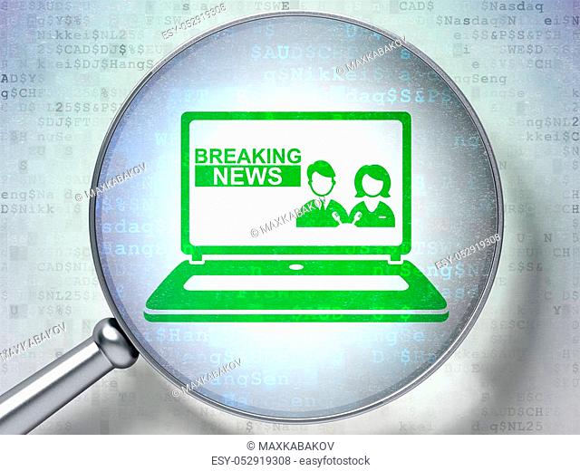 News concept: magnifying optical glass with Breaking News On Laptop icon on digital background, 3D rendering