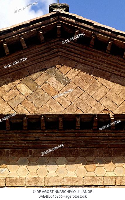 Tympanum of a rectangular and hexagonal brick building, San Martino al Cimino, Lazio, Italy