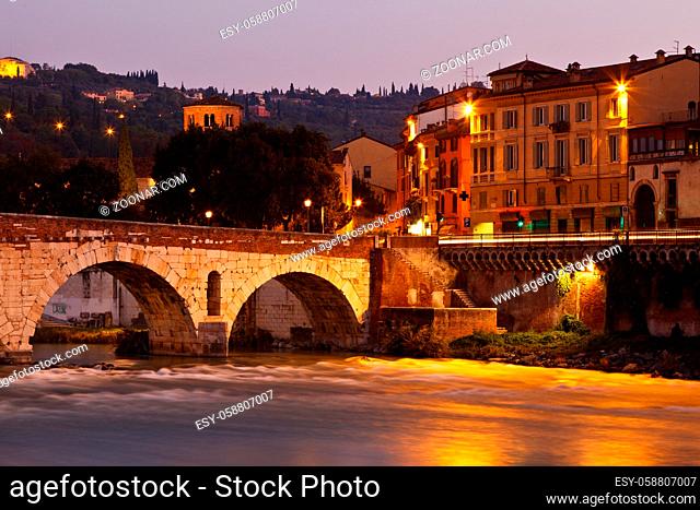 Roman Bridge in the Morning Light in Verona, Italy