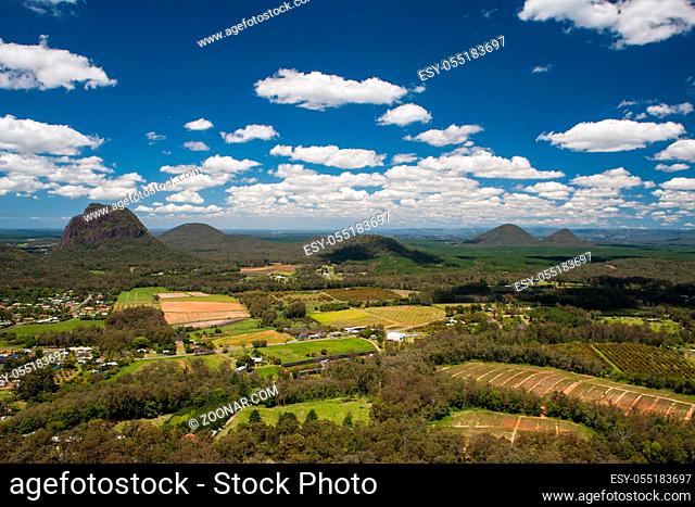 A view across the Glass House Mountains National Park near Brisbane, Queensland, Australia