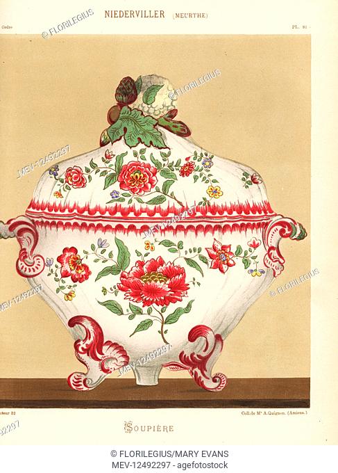 Soup dish or soupiere with botanical decoration from Niderviller, Lorraine, France. Hand-finished chromolithograph from Ris Paquot's General History of Ancient...