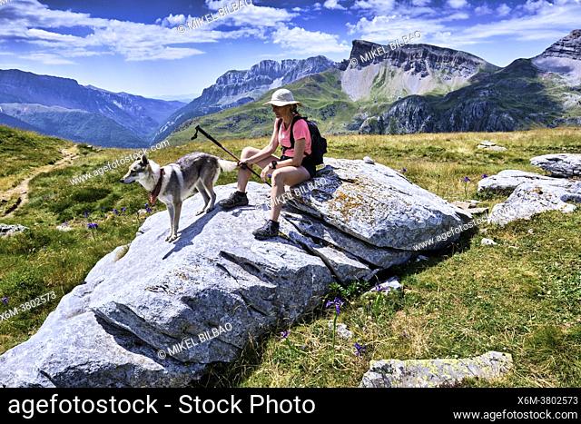 Hiker woman with a dog in a mountains and grasslands landscape. Valles Occidentales Natural Park. Hecho valley. Pyrenees mountain Range, Huesca, Aragon, Spain