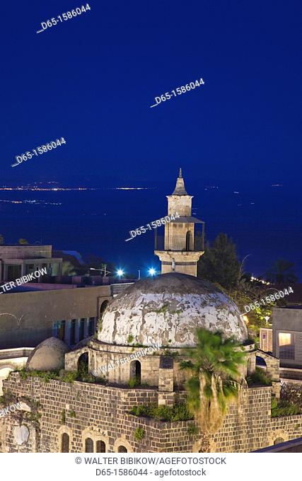 Israel, The Galilee, Tiberias, elevated view of the Al-Amari Mosque, dusk