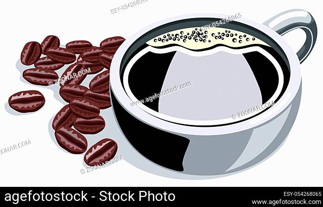 Illustration of coffee cup with beans on the side isolated on white background done in retro style