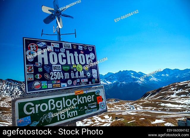 GROSSGLOCKNER, AUSTRIA - SEPTEMBER 16, 2012: A road sign along the Grossglockner High Alpine Road in Austria, Europe