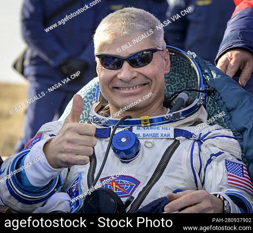 NASA astronaut Mark Vande Hei is seen outside the Soyuz MS-19 spacecraft after he landed with Russian cosmonauts Anton Shkaplerov and Pyotr Dubrov in a remote...