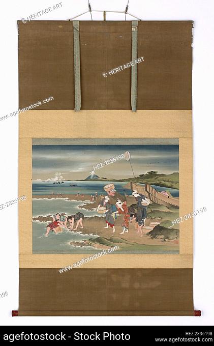 Landscape: clam-gatherers on the shore, late 18th-early 19th century. Creator: Hokusai