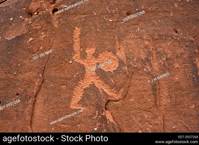 Wadi Rum or Valley of the Moon (UNESCO World Heritage). Petroglyphs in Khazali canyon. Jordan