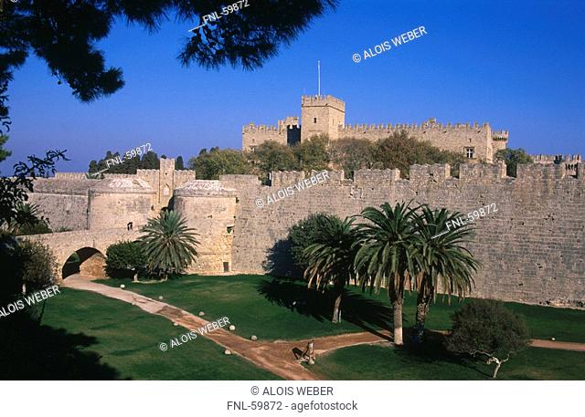Lawn in front of castle, Rhodes, Dodecanese Islands, Greece