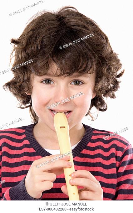 Adorable child playing flute