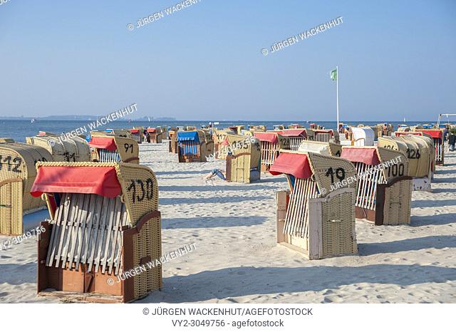 Beach with canopied wicker beach chairs, Laboe, Baltic Sea, Schleswig-Holstein, Germany, Europe