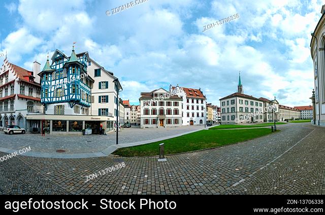 St. Gallen, SG / Switzerland - April 8, 2019: the view from the historic St. Gallus Square in the Swiss city of Sankt Gallen
