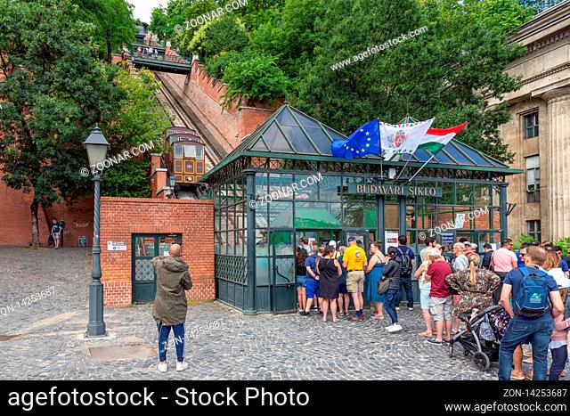 Budapest, Hungary - July 10, 2019: Waiting people near ticket office of Buda Castle Hill Funicular