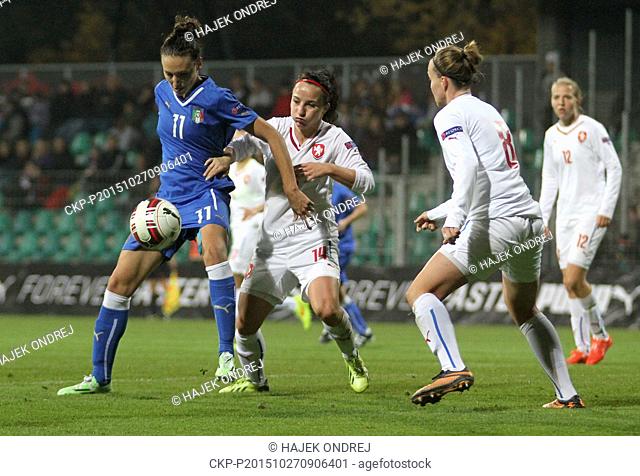 From left: Ilaria Mauro of Italy and Petra Vystejnova of Czech Republic in action during the women's football European Cup 2017 qualifier