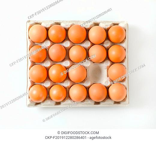 Carton of fresh brown eggs, one egg missing