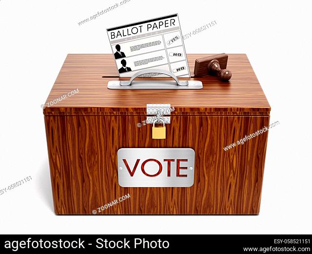 Ballot box, stamp and ballot paper on white background