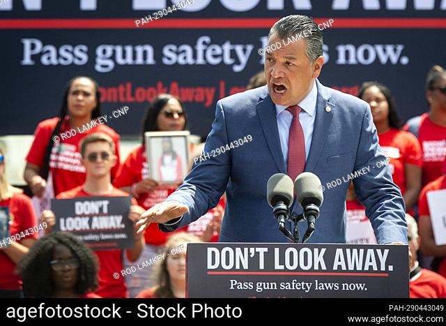 United States Senator Alex Padilla (Democrat of California) offers remarks during a protest by Everytown for Gun Safety and its grassroots networks