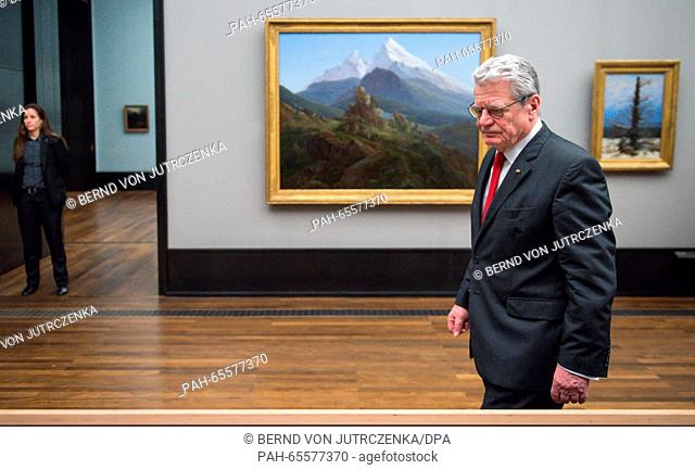 German President Joachim Gauck visiting the special exhibition ""Der Moench ist zurueck"" (lit. the monk is back) at the Alte Nationalgalerie (Old National...