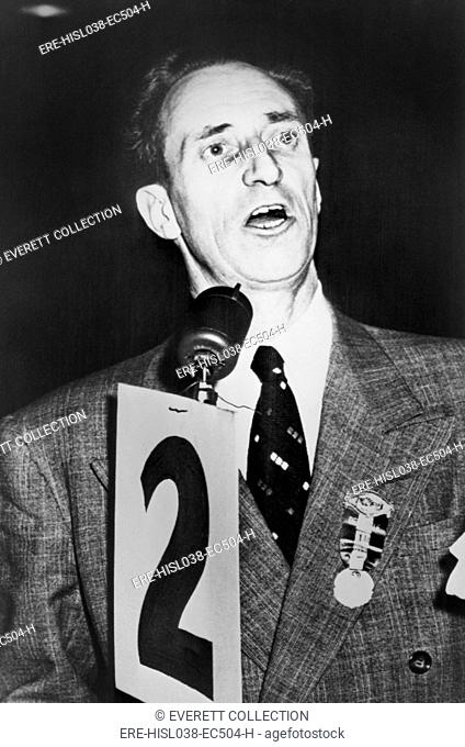 Harry Bridges addressing a stop-work meeting of Longshoremen's union in San Francisco in 1952. Bridges was an Australian-American leftist union leader who was...