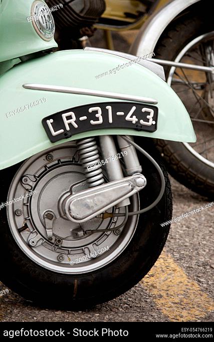 Close up view details of a classic motorcycle in the outdoors