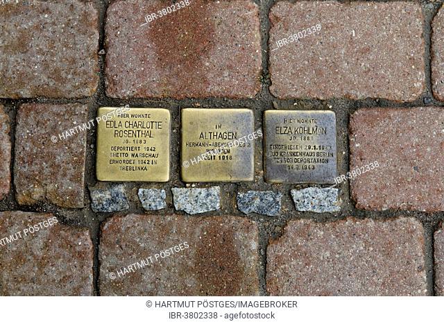 Stolpersteine or tumbling blocks, memorial plaques in the pavement of the walkway in memory of deported Jews, Ahrenshoop, Fischland-Darß-Zingst